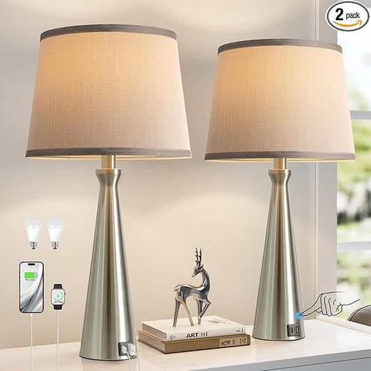 Seealle Modern Table Lamps Set of 2 - Touch Bedside Lamp for Nightstand with Dual USB C+A,3-Way Dimmable Silver Nightstand Lamps for Living Room Bedroom End Table with Grey Shade(Bulb Included)