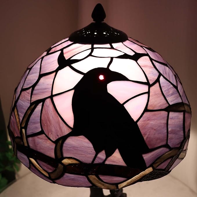 Bieye L12024 Raven Sitting on Bare Tree Branch in Full Moon Night Tiffany Style Stained Glass Table Lamp for Home Decor (Dark Purple, 12Wx20H)