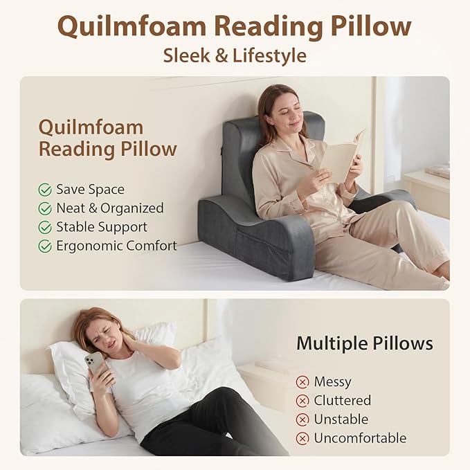 Quilmfoam Reading Pillow for Sitting in Bed Adult, Back Pillow for Sitting Up with Arms, Bed Pillow Back Support for Reading, TV, Gaming & Working, Removable Cover, Lightweight 19", Grey