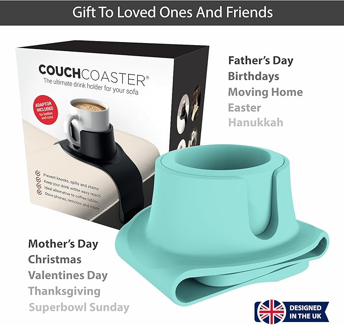 HIT PRODUCTS CouchCoaster® - Armrest Couch Cup Holder in LIMITED EDITION Soft Teal - A Weighted, Silicone, Anti Slip Coaster Stops Spills On Your Sofa, Armchair Or Recliner & Keeps Drinks in Reach