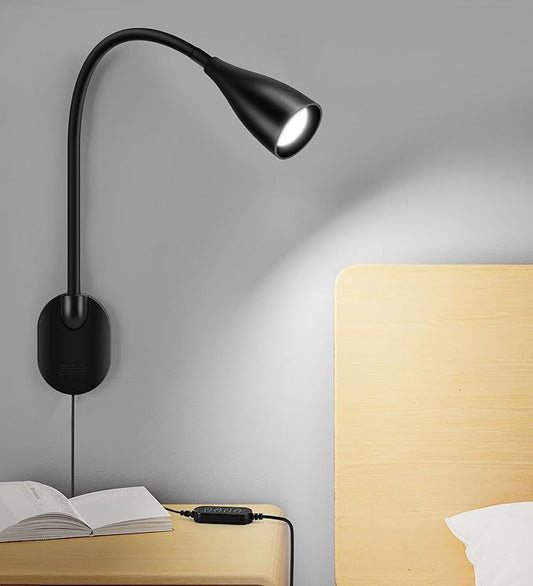 LiFMIRA Wall-Mounted LED Bedside Reading Light with USB Charging Port, 10-Level Dimmable & Adjustable 5 Color, Plug-in Adhesive Night Lamp for Books in Bed, Eye-Caring Bedroom Lighting (Black)