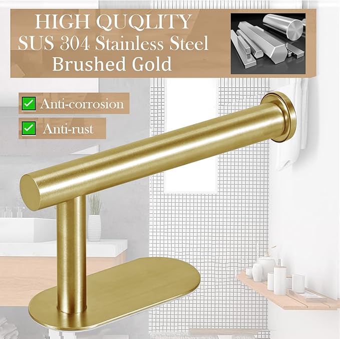 JOPOFI Toilet Paper Holder - Self Adhesive Toilet Paper Holder Wall Mount for Bathroom, SUS 304 Stainless Steel Command Strip Toilet Paper Roll Holder Stick On Wall, No Drilling - Brushed Gold（2 Pcs）