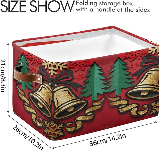 Christmas Storage Basket, Collapsible Canvas Organizer with Festive Bells Pattern, 14.2x10.2x8.3 Inches, Red Holiday Design with Leather Handles, for Bedroom Storage