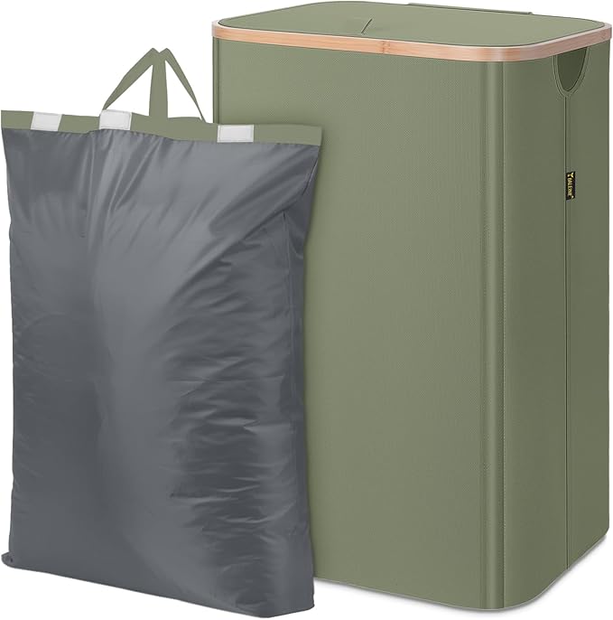 BALEINE Laundry Hamper with Lid, Tall Laundry Baskets with Bamboo Pull Handles, Large Laundry Bin with Internal Support (26 Gal/100L, Green)