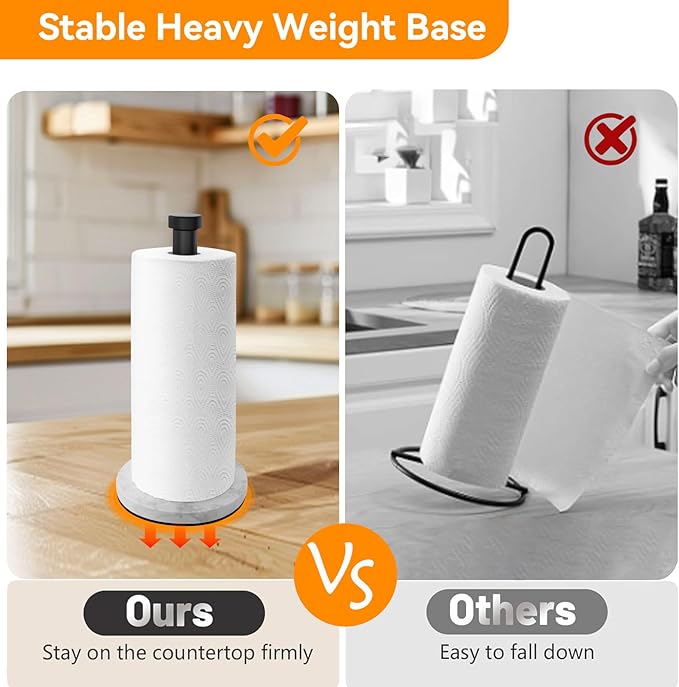 Paper Towel Holder Countertop, Black Kitchen Roll Holder, Premium Stainless Steel Paper Towel Holder for Kitchen Bathroom Roll Organize with Weighted Marble Base, One-Handed Operation