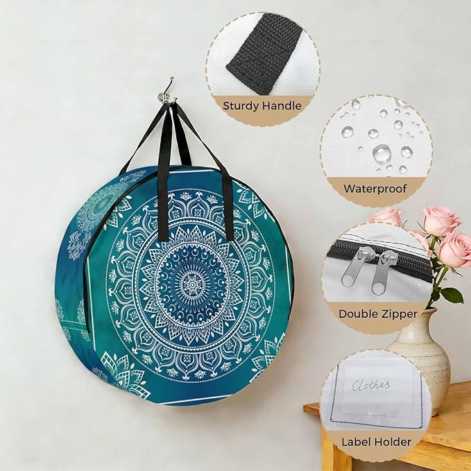 Storage Bag Teal Blue Boho Round Storage Totes Bins Closet Organizers with Zippers & Handle Gorgeous Bohemian Flower Clothes Storage Container for Bedroom Dorm Space Saving Packing Supplies Bags