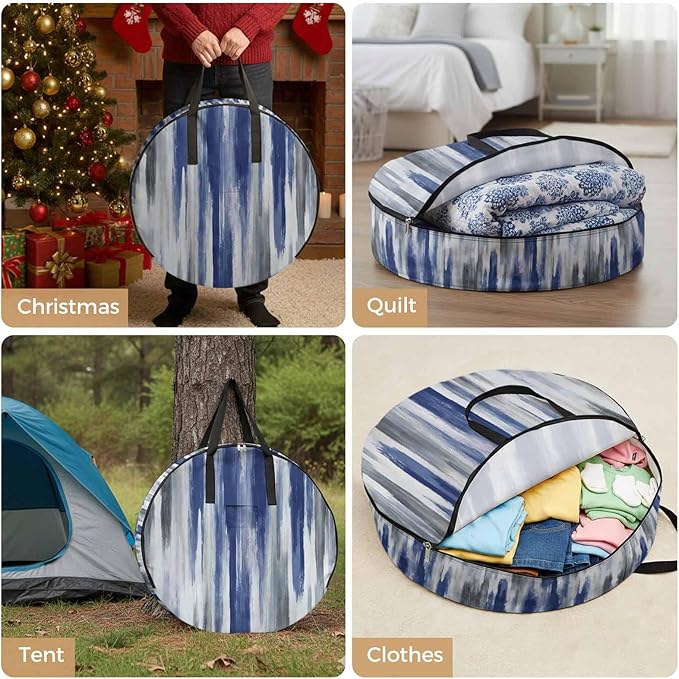 24 Inch Round Storage Bag 1 Pack,Watercolor Blue Grey Oil Painting Art Waterproof Wreath Storage Container with Handles&Zipper Modern Abstract Closet Organizer Bags Garland Box