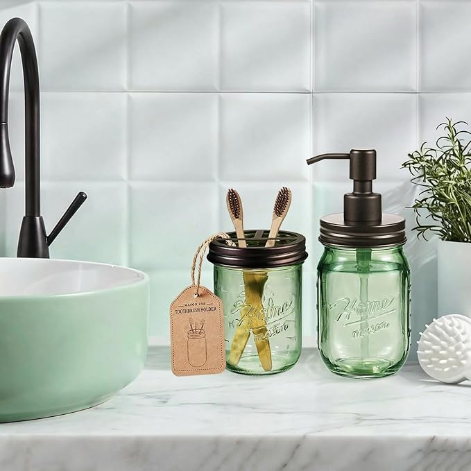 SheeChung Mason Jar Toothbrush Holder, Green Glass Toothbrush Holder for Bathroom Countertop Organizer, Stainless Steel Lid, Electric Toothbrush Toothpaste Holder Storage, Bronze Bathroom Accessories