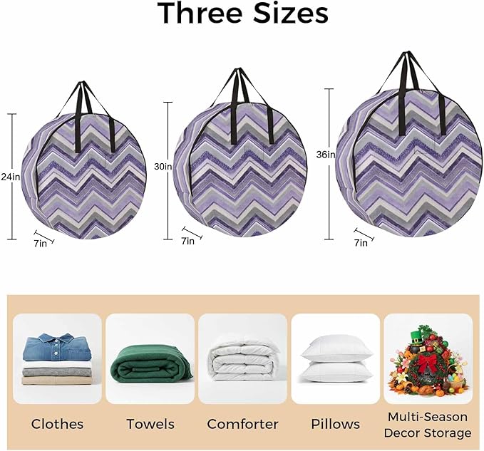 Storage Bag Purple Grey Chevron Round Storage Totes Bins Closet Organizers with Zippers & Handle Geometric Design Stripe Clothes Storage Container for Bedroom Dorm Space Saving Packing Supplies Bags