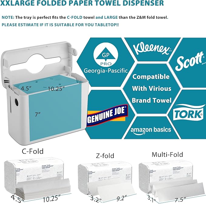 C-fold Paper Towel Dispenser XXLarge - Heavy Duty丨Wide-Design Countertop Folded Paper Towel Dispenser with Lid丨300-Sheet Large Capacity for Hand Towel, White