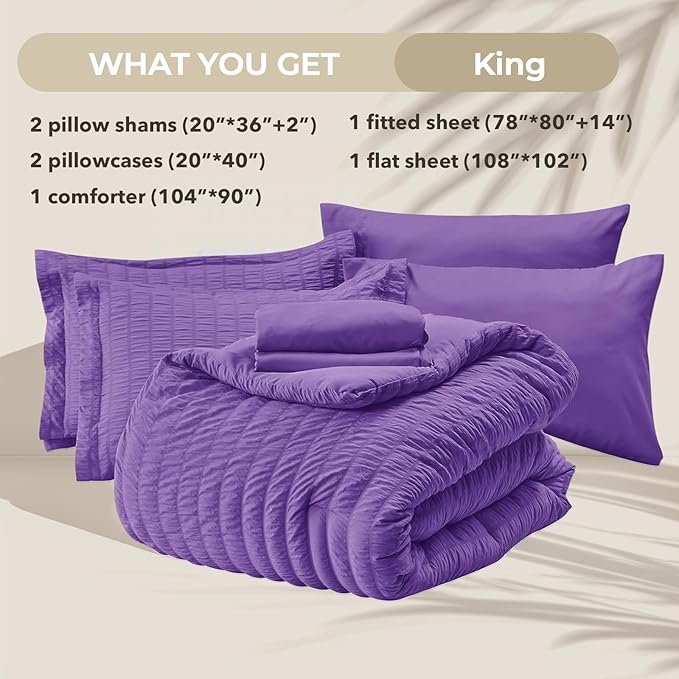 HYMOKEGE Bright Purple King Size Comforter Set Seersucker 7 Pieces, All Season Luxury Bed in a Bag for Bedroom, Bedding Set with Comforter, Sheets, Pillowcases & Shams