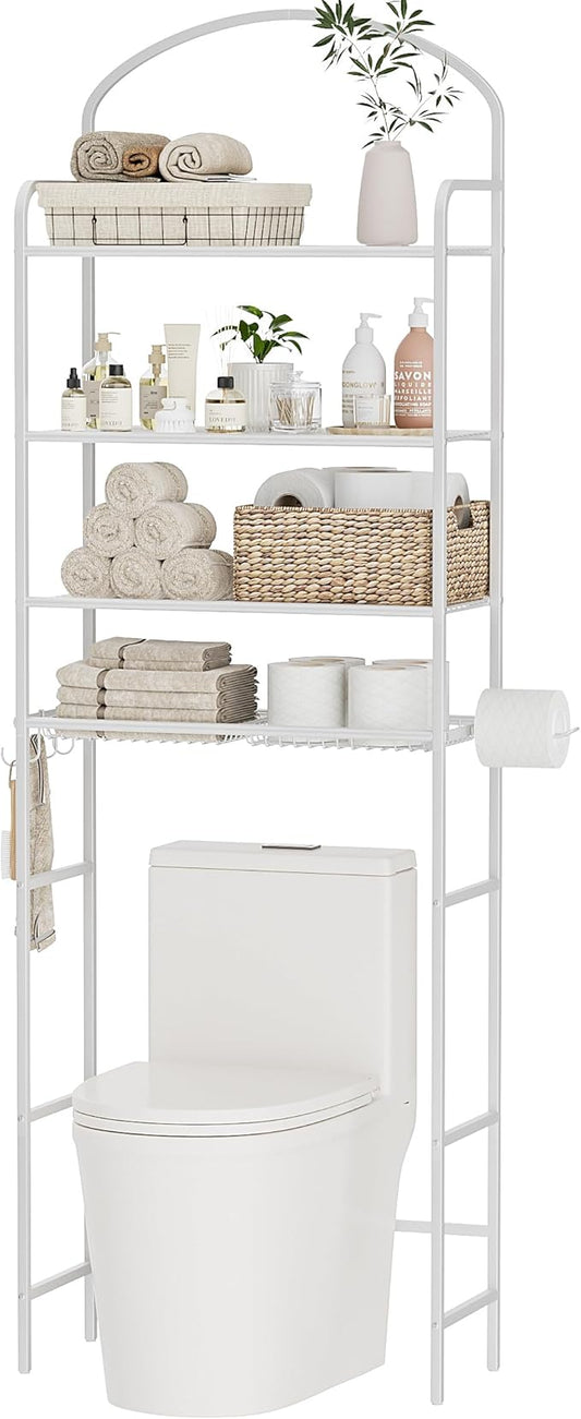 4-Tier Over The Toilet Storage, Bathroom Organizer, Space-Saving, Above Toilet Storage Rack with 4 Hooks and Paper Holder, Metal Shelf, White