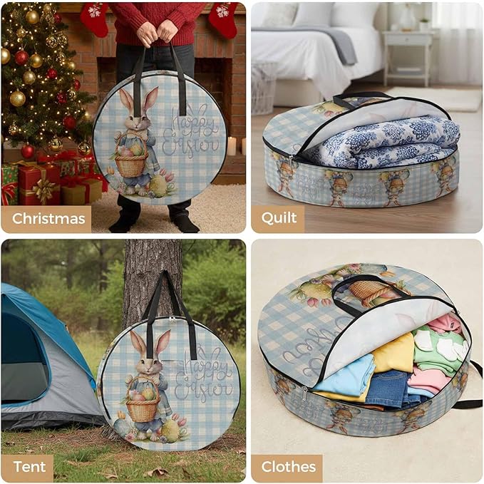36 Inch Round Storage Bag 2 Pack,Happy Easter Rabbit Egg Basket Waterproof Wreath Storage Container with Handles&Zipper Flower on Blue Checker Closet Organizer Bags Garland Box