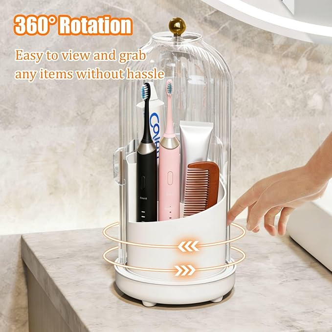 JEESA Toothbrush Holder Organizer, with Drainage Holes, with Dustproof Cover, 360 Rotating, 3 Slots, for Bathroom Countertop, White