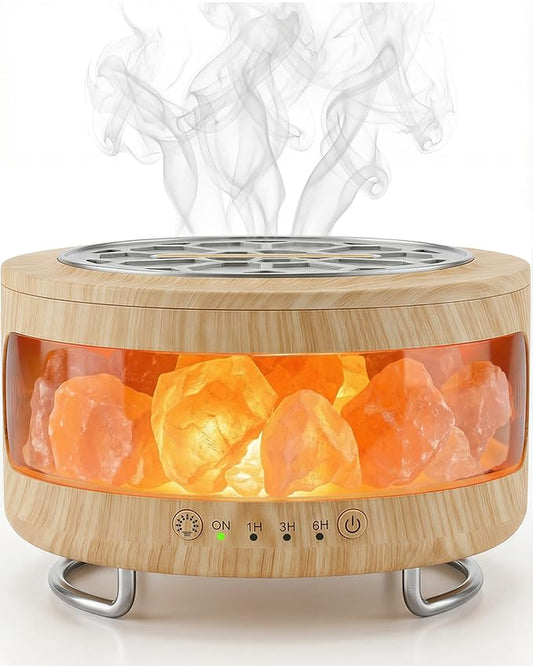 4-in-1 Ultrasonic Essential Oil Diffuser with Himalayan Salt Lamp, Humidifier & 7-Color LED Mood Light, Timer & Auto Shut-Off, Ultra-Quiet Aroma Diffuser for Bedroom, Office & Yoga –Beige