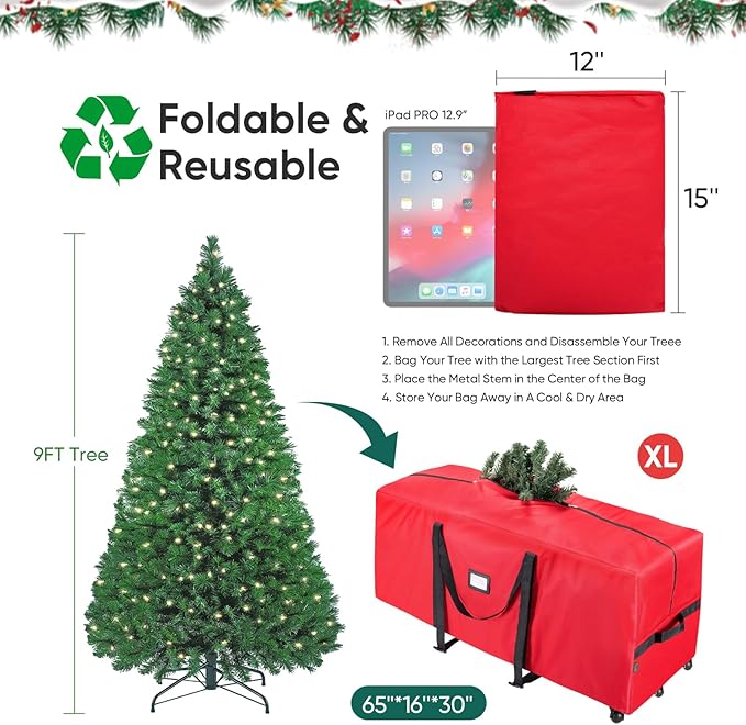 BALEINE 9 ft Rolling Christmas Tree Storage Bag, 3 Swivel Wheels for Easy Moving, Heavy Duty 600D Oxford Fabric Extra Large Artificial Christmas Tree Bag with Reinforced Carry Handles (Grey)