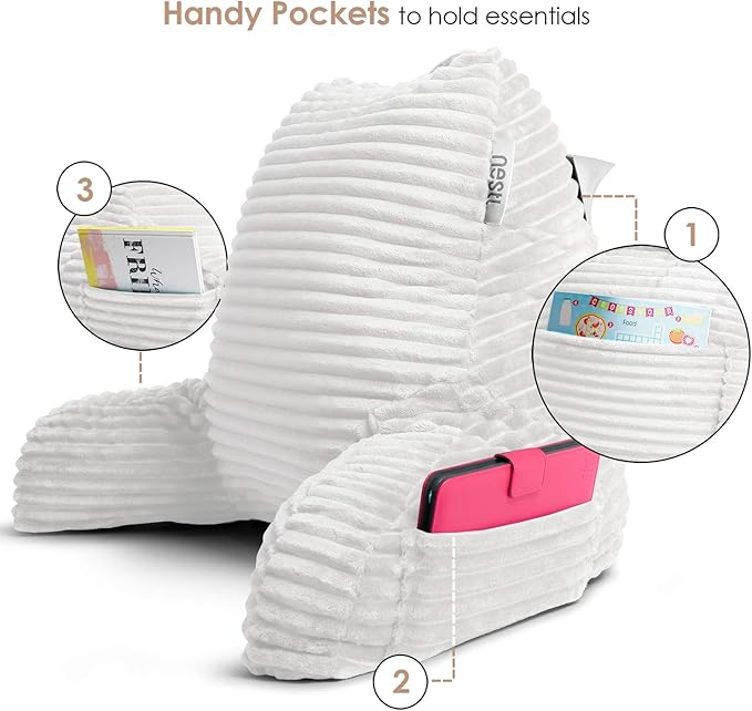 Nestl White Reading Pillow with Bed Desk for Laptop and Writing, Luxe Cut Plush Back Pillow for Sitting Up, Back and Arms Adjustable Support for Adult and Teens, Foldable Lap Desk for Bed 22x14”