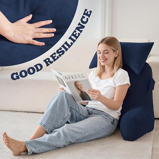 Unisakey Portable Reading Pillows with Headrest for Bed Sitting Up(Royal Blue Oeko-Tex), Velvet Back Pillow with Arms & Pockets for Adults, Support Memory Foam Bed Pillow for Dorm/Watching/Gaming