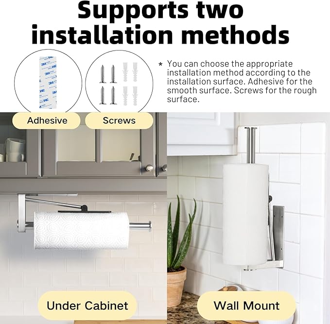 Upgraded Kitchen Paper Towel Holder - One-Hand Tear Under Cabinet Stick-on Towel Rack for Hanging Paper - First Apartment Essentials Wall Mount Self Adhesive Stainless Steel Rack Fits