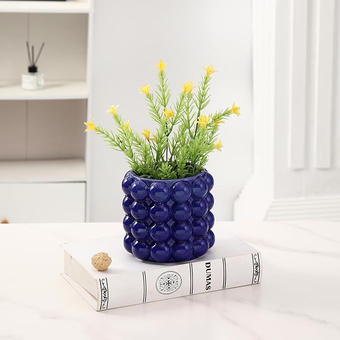 Blue Bubble Vase, Small Short Vase, Ceramic Flower Vases, Unique Decorative Vases for Flowers, Living Room, Bedroom, Office, Shelf, Coffee Table, 5 Inches