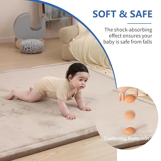 Huloo Sleep Ultra Soft Baby Play Mat for Floor,1.3" Thick Elasti-Foam 47x47 Play Mat for Playpen,Water-Repellent Coral Velvet for Tummy Time, Non-Slip Backing Safe for Toddlers & Infants（Beige）