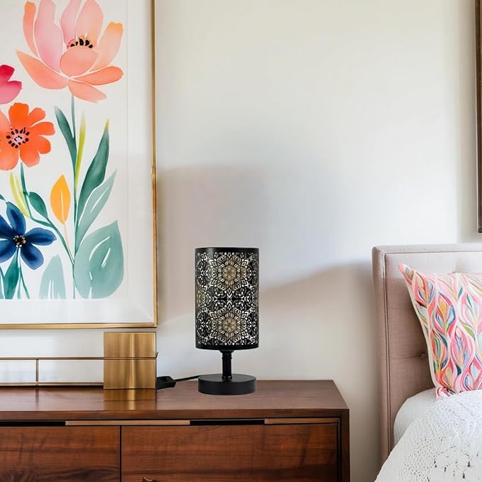 Victorian Style Floral Bedside Lamp Nightstand Lamp Black Metal Decorative Table Lamp for Bedroom Living Room,Dining Room,Kitchen Outdoor Patio, Floral Lampshade Lighting,Home Decoration