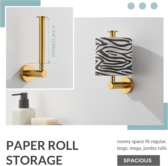 Vertical Tray Toilet Paper Holder, Aomasi 304 Stainless Steel Tissue Roll Hanger with Round Plate, Brushed Gold Bathroom Kitchen Paper Roll Dispenser Wall Mounted