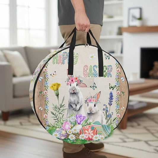 24 Inch Round Storage Bag 1 Pack,Wild Grey Animals Bunny with Easter Colored Egg Waterproof Wreath Storage Container with Handles&Zipper Spring Grass Closet Organizer Bags Garland Box