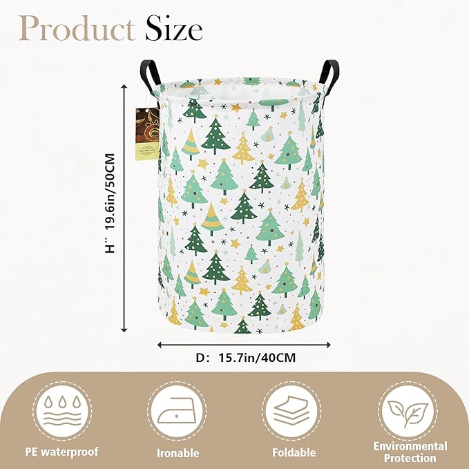 HUNRUNG Collapsible Fabric Storage Basket, Waterproof Laundry Hamper with Handles, Round Storage Bin for Clothes Toys, Foldable Organizer for Bedroom Nursery Bathroom(Round-Christmas tree)