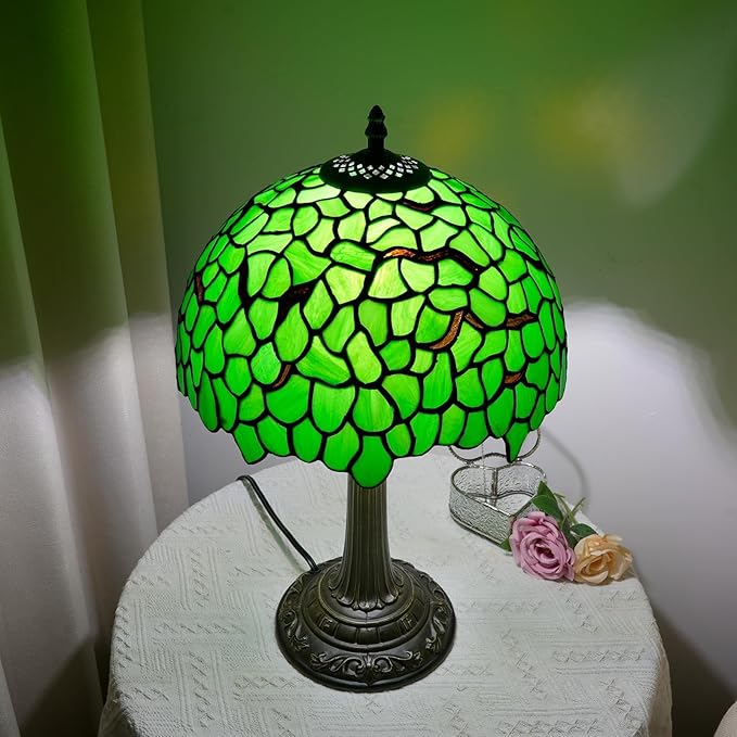 Tiffany Lamp Stained Glass Table Lamp 12X12X18 Inches Green Leaf Style Desk Reading Light Decor Beside Bedroom Living Room Home Festival Birthday Gift