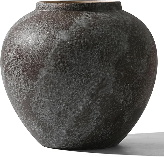 Large Rustic Black Stone Vase Home Decor - 8.8 in Ceramic Vintage Farmhouse Vases for Decor, Decorative Terracotta Round Clay vase for Living Room, Table, Shelf, Kichen Décor
