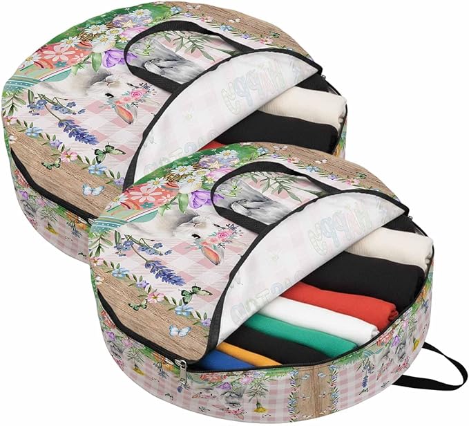36 Inch Round Storage Bag 2 Pack,Spring Farm Easter Bunny and Flowers Waterproof Wreath Storage Container with Handles&Zipper Pink Buffalo Plaid Wood Grain Closet Organizer Bags Garland Box