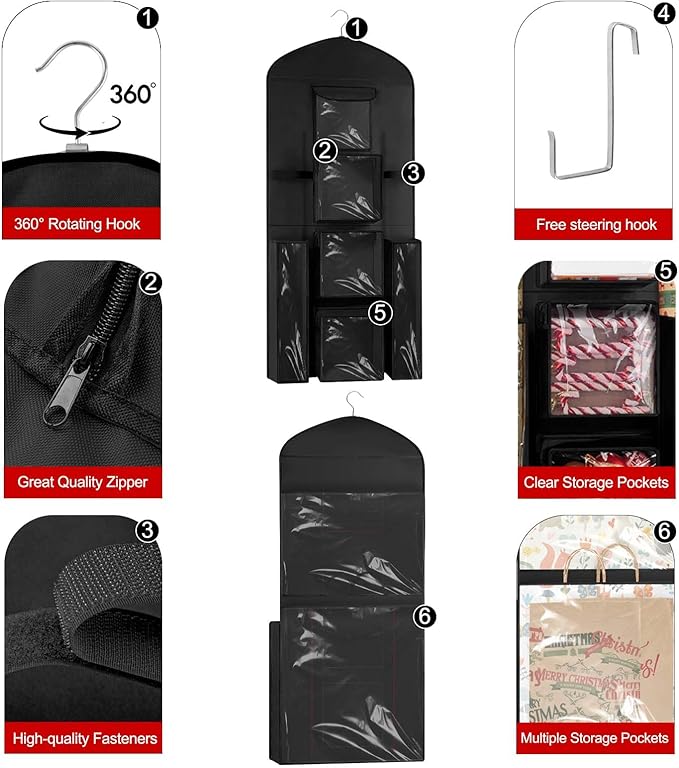 Woodoulogy Hanging Gift Wrapping Paper Storage, 40"X17" Black Double-Sided Christmas Wrapper Bag Container, Oxford Craft Roll Organizer, Present Wrap Holder for Bedroom Closet, Door, Cabinet
