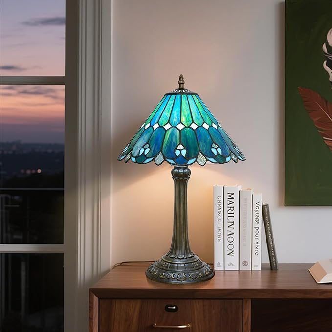 Tiffany Lamp Stained Glass lamp 12x12x18 Inches Bedside Table Lamp for Living Room Bedroom Dorm Kitchen Home Decor Festival Birthday Gift,Sea Blue