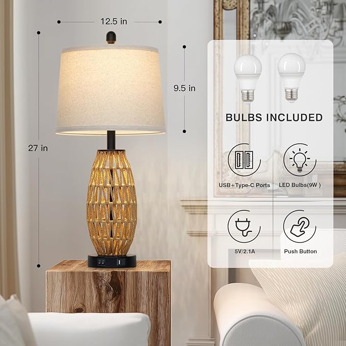 CINSARY 27" Rattan Table Lamps Set of 2, Boho Bedside Lamp for Bedroom with Night Light, Coastal Woven Wicker Nightstand Lamps with USB A+C Charging Port, Tall Farmhouse Living Room Lamp