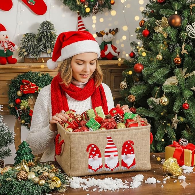 INough Christmas Baskets for Gifts Empty, Christmas Gnomes Basket, Large Gifts Bags for Holiday Ornaments Collapsible Storage Bins with Drawstring for Kidsroom