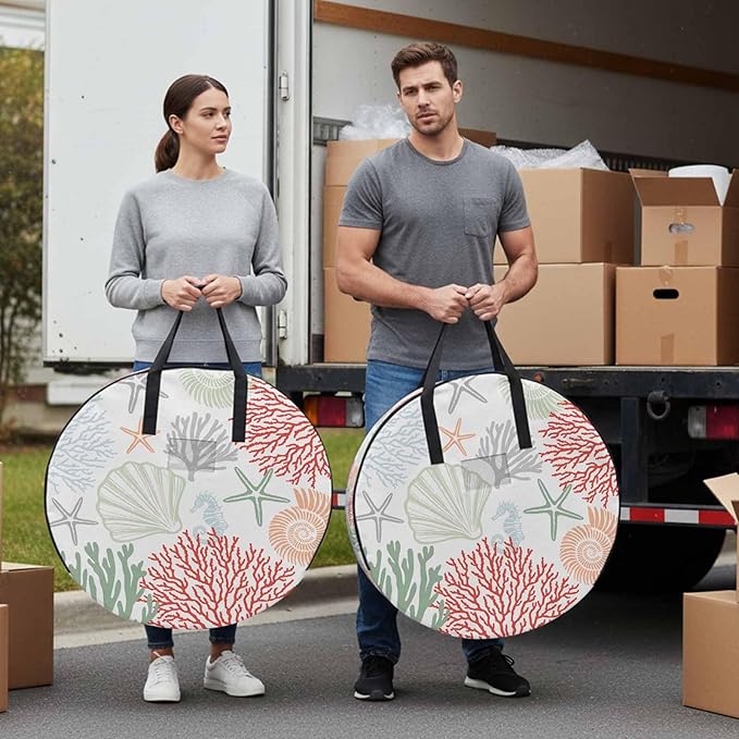 Red Coral Round Storage Bag 36 Inch, Sage Green Starfish Ocean Coastal Seashell Clothes Storage Container with Handles Heavy Duty Organizer for Comforter, Bedding & Holiday Wreaths