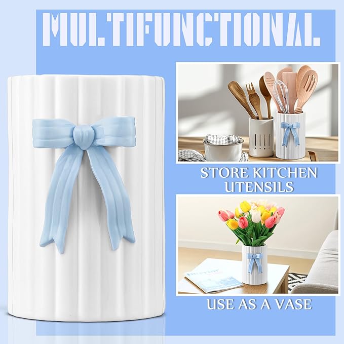 LemonRoad Blue Bow Ceramic Utensil Holder 3D Coquette Cooking Utensil Crock with Scalloped Mothers Day Kitchen Gifts Girly Aesthetic Storage Caddy Organizer Vase Decor for Kitchen Housewarming Gift