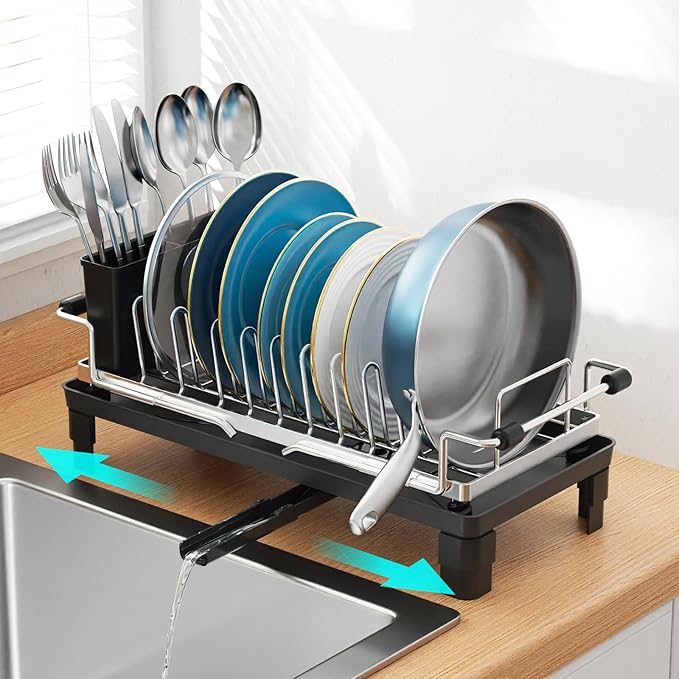 GSlife Small Dish Drying Rack for Counter or Over Sink, Stainless Steel Expandable Dish Drainer with Drain Board and 360° Swivel Drain Spout, Compact for RV, Camper, 1-2 People, Narrow 6.5" W, Silver