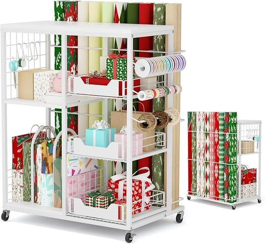 LUCKUP Rolling Wrapping Paper Organizer Cart – Gift Wrap Storage with Wheels, 20 Roll Holders, 3 Drawers & Ribbon Dispenser, Craft Organizer for Christmas, Birthdays, White