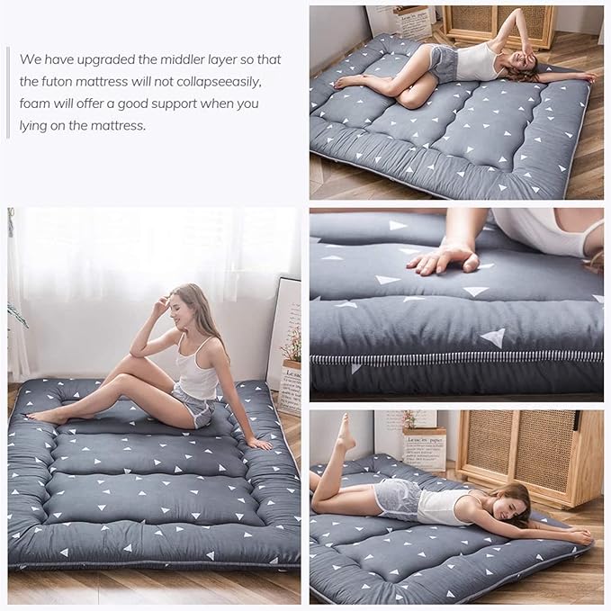 MAXYOYO Grey Triangle Japanese Floor Futon Mattress, Tatami Floor Mat Portable Camping Mattress Kids Sleeping Pad Foldable Roll Up Floor Lounger Pillow Queen Size with Mattress Protector Cover