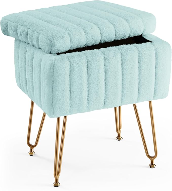 DUMOS Vanity Stool Chair, Ottoman with Storage, Makeup Cute Soft Small Footstool, Modern Style Faux Fur Seat with 4 Metal Legs & Adjustable Feet for Dressing, Living Room, Bedroom, Dorm, Green