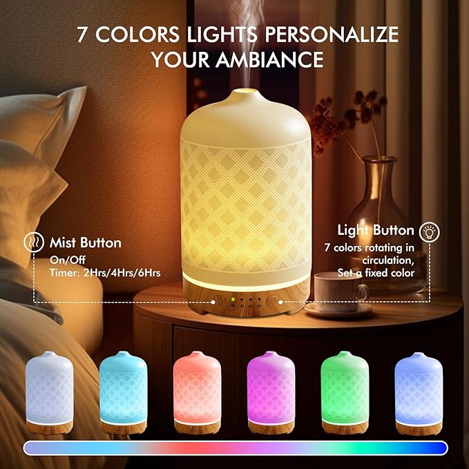 Essential Oil Diffuser Ceramic Diffuser -Aromatherapy Diffuser for Essential Oils with Timer and 7 Colors LED Light Ultrasonic Diffuser with Auto Shut-Off, Home Office Decor&Gift (White-200ml)