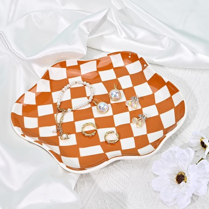 Koythin Jewelry Tray, Ceramic Jewelry Dish Trinket Tray Organizer, Checkered Pattern Aesthetic Decorative for Kitchen, Bathroom, Birthday Gift (Brown Plaid)