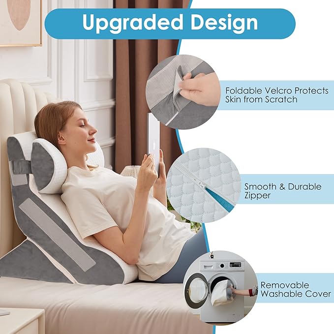 MEGCXIT 3PCS Bed Wedge Pillow for Headboard, Adjustable Wedge Pillow for Sleep Apnea, 23” Wide Triangle Pillow Wedge Set for After Surgery, Acid Reflux Relief, Snoring, Neck&Back Support, White/Grey
