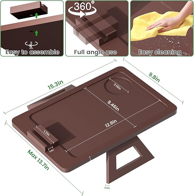 Bamboo Sofa Tray,Couch Arm Table, Clip-On Armrest Tray Table for Wide Couch Foldable Tray with 360° Phone Holder Couch Arm Tray for Eating/Drinks/Snacks/Remote，Brown