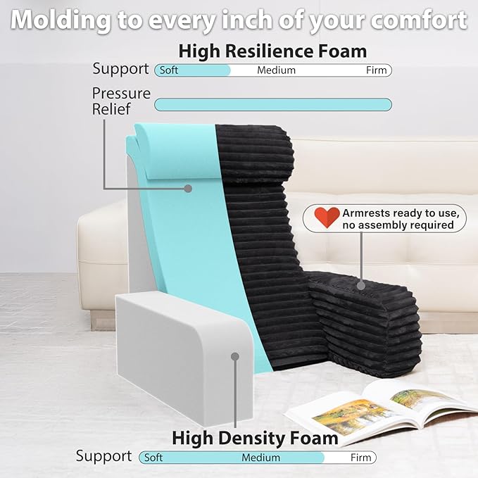 ENITYA Reading Pillow for Bed Sitting Up, 24” XXL Back Support Pillow with Arms & Large Pockets, Adult Backrest for Reading, TV, Gaming, Post-Surgery, Black