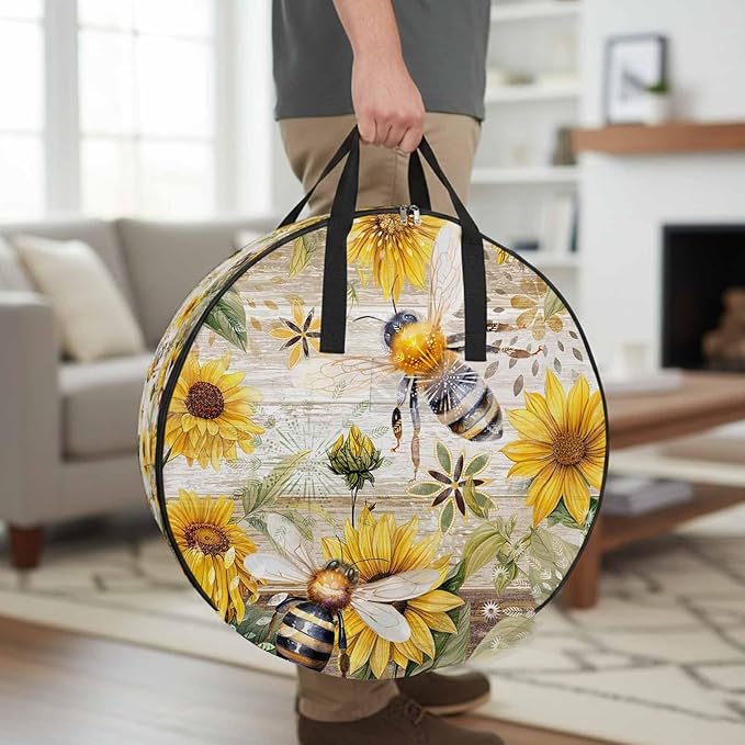 Summer Sunflower Bee Round Storage Bag 30 Inch, Yellow Floral Plants Wood Grain Rustic Clothes Storage Container with Handles Heavy Duty Organizer for Comforter, Bedding & Holiday Wreaths