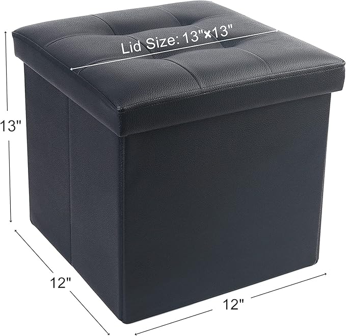 LotFancy Storage Ottoman, Foldable Foot Rest Stool, 13x12x12 Inches Small Leather Bench with Storage, Holds up to 260 lb, for Living Room, Bedroom, Dorm, Black