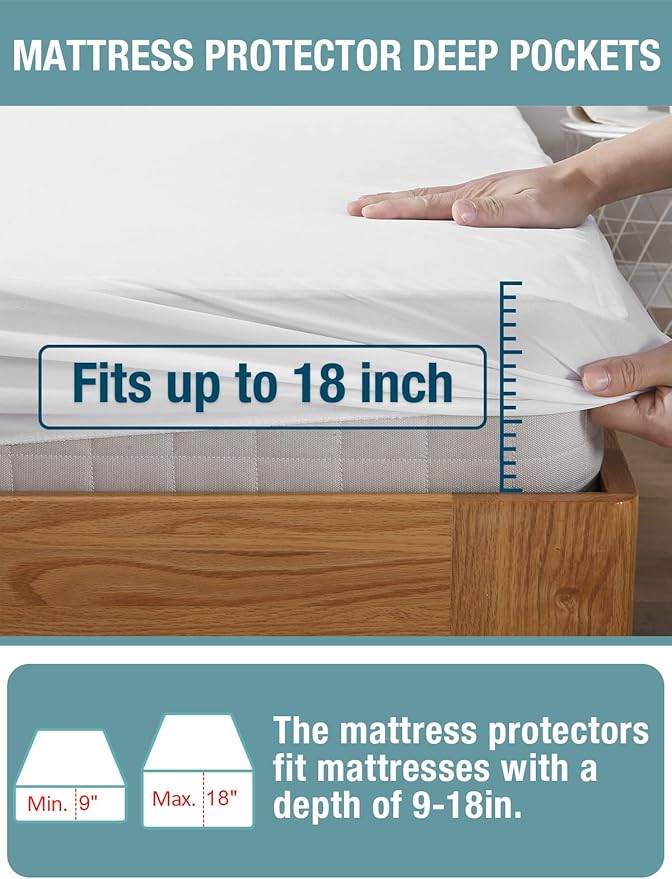 Bedecor 2 Packs Queen Mattress Protector Waterproof Protection Soft Cotton Terry Top Cover,for Babies Pregnant Women Incontinent Persons Deep Pocket to 18"